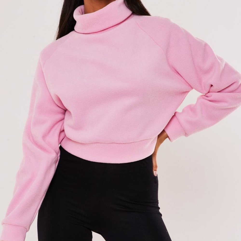 Pink Fleece Roll Neck Cropped Sweatshirt (XS)